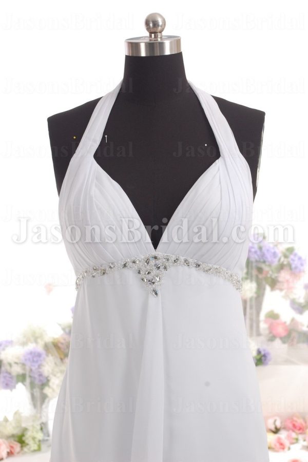 Empire A-line Halter V-neck Ruched Bodice Jeweled Backless Sweep Train Chiffon Wedding Dresses