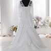 Fit-and-Flare Illusion Long Sleeves Beaded Embroidered Asymmetrical Pleated Sweep Train Satin Wedding Dresses