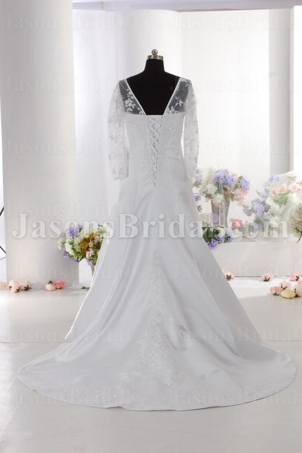 Fit-and-Flare Illusion Long Sleeves Beaded Embroidered Asymmetrical Pleated Sweep Train Satin Wedding Dresses