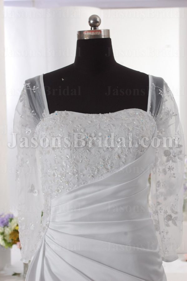 Fit-and-Flare Illusion Long Sleeves Beaded Embroidered Asymmetrical Pleated Sweep Train Satin Wedding Dresses
