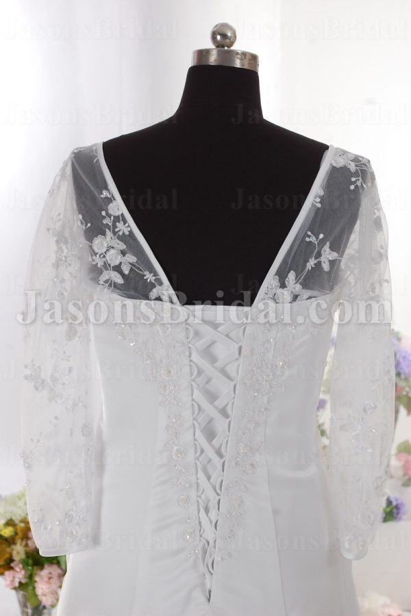 Fit-and-Flare Illusion Long Sleeves Beaded Embroidered Asymmetrical Pleated Sweep Train Satin Wedding Dresses