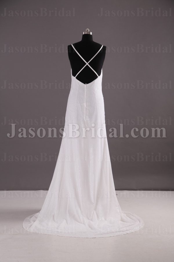 Empire Slim A-line Spaghetti Straps V-neck Sweep Train Allover Sequined Chiffon Wedding Dresses