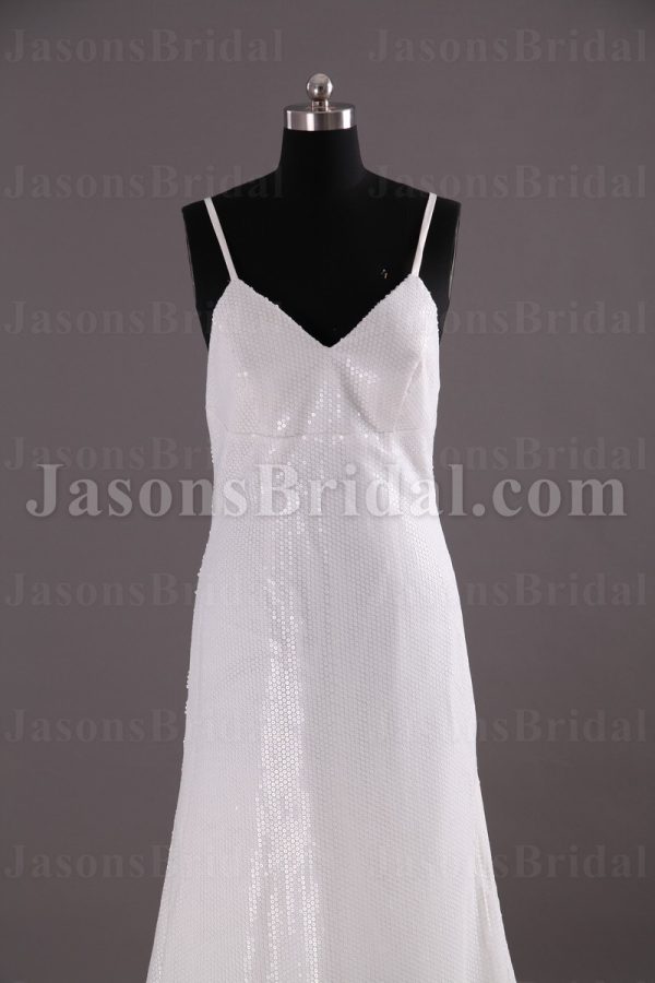 Empire Slim A-line Spaghetti Straps V-neck Sweep Train Allover Sequined Chiffon Wedding Dresses