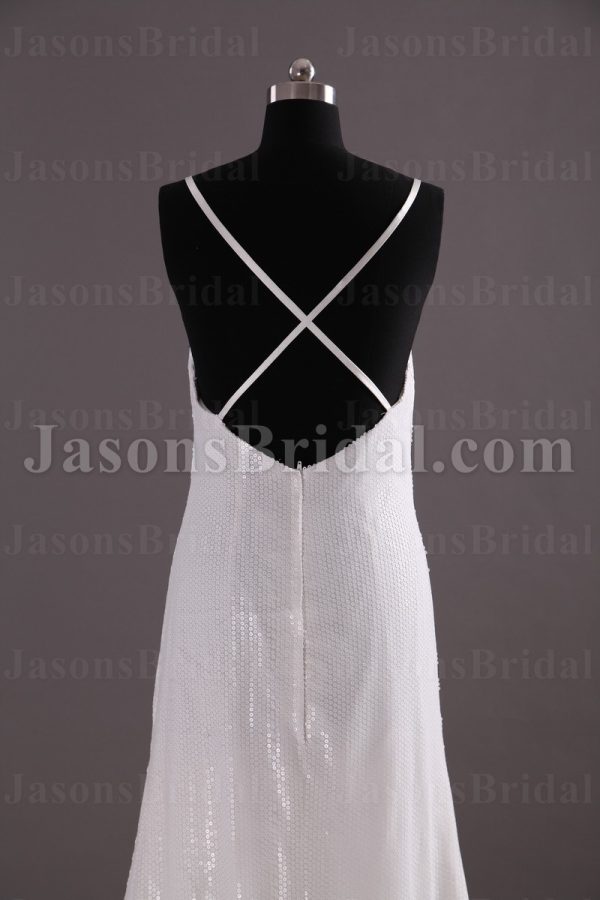Empire Slim A-line Spaghetti Straps V-neck Sweep Train Allover Sequined Chiffon Wedding Dresses