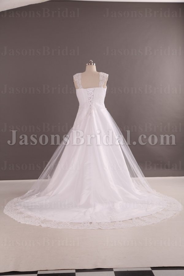 A-line Cap Sleeves Sweetheart Asymmetrical Appliqued Lace Hem Chapel Train Tulle over Satin Wedding Dresses
