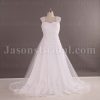 A-line Cap Sleeves Sweetheart Asymmetrical Appliqued Lace Hem Chapel Train Tulle over Satin Wedding Dresses