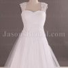 A-line Cap Sleeves Sweetheart Asymmetrical Appliqued Lace Hem Chapel Train Tulle over Satin Wedding Dresses
