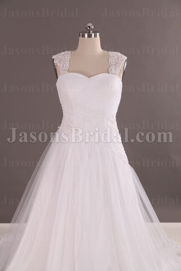 A-line Cap Sleeves Sweetheart Asymmetrical Appliqued Lace Hem Chapel Train Tulle over Satin Wedding Dresses