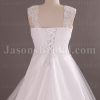 A-line Cap Sleeves Sweetheart Asymmetrical Appliqued Lace Hem Chapel Train Tulle over Satin Wedding Dresses