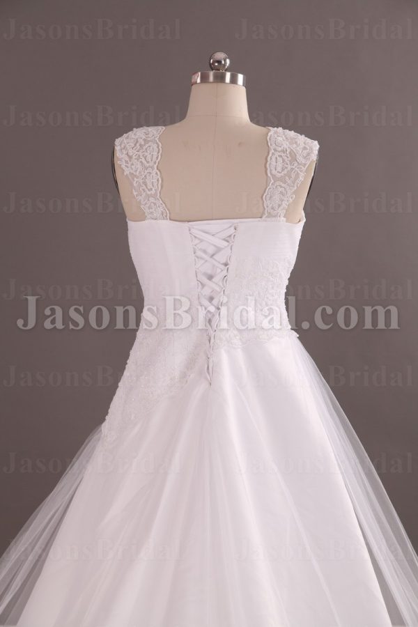 A-line Cap Sleeves Sweetheart Asymmetrical Appliqued Lace Hem Chapel Train Tulle over Satin Wedding Dresses