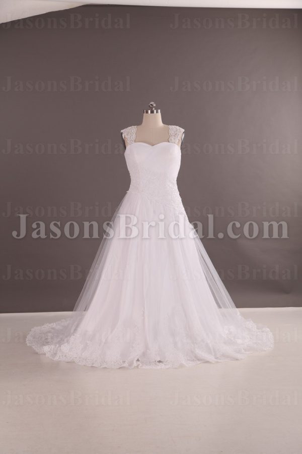 A-line Cap Sleeves Sweetheart Asymmetrical Appliqued Lace Hem Chapel Train Tulle over Satin Wedding Dresses