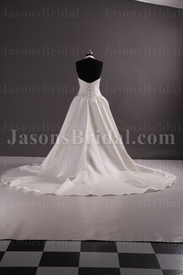 Elegant Ball Gown Halter Deep V-neck Beaded Pleated Chapel Train Satin Wedding Dresses