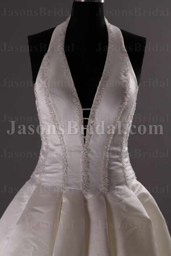 Elegant Ball Gown Halter Deep V-neck Beaded Pleated Chapel Train Satin Wedding Dresses