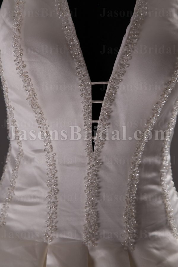 Elegant Ball Gown Halter Deep V-neck Beaded Pleated Chapel Train Satin Wedding Dresses