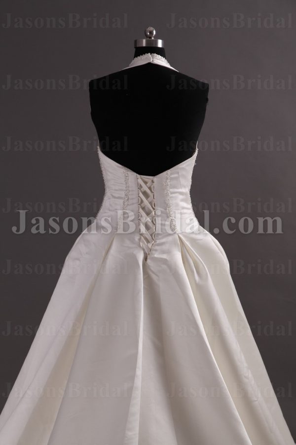 Elegant Ball Gown Halter Deep V-neck Beaded Pleated Chapel Train Satin Wedding Dresses