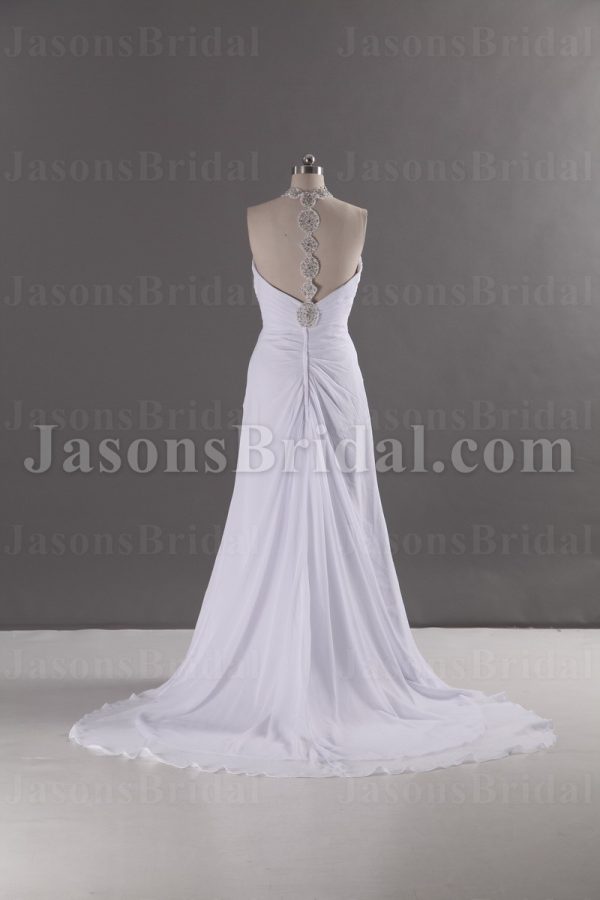 Empire Jeweled Halter Sweetheart Ruched Bodice Pleated Sweep Train Chiffon Wedding Dresses