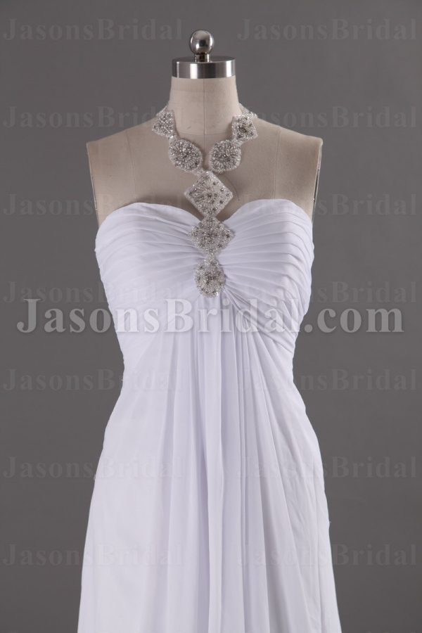 Empire Jeweled Halter Sweetheart Ruched Bodice Pleated Sweep Train Chiffon Wedding Dresses