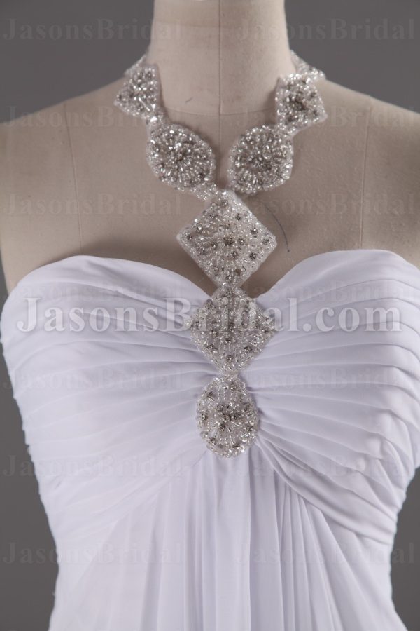 Empire Jeweled Halter Sweetheart Ruched Bodice Pleated Sweep Train Chiffon Wedding Dresses
