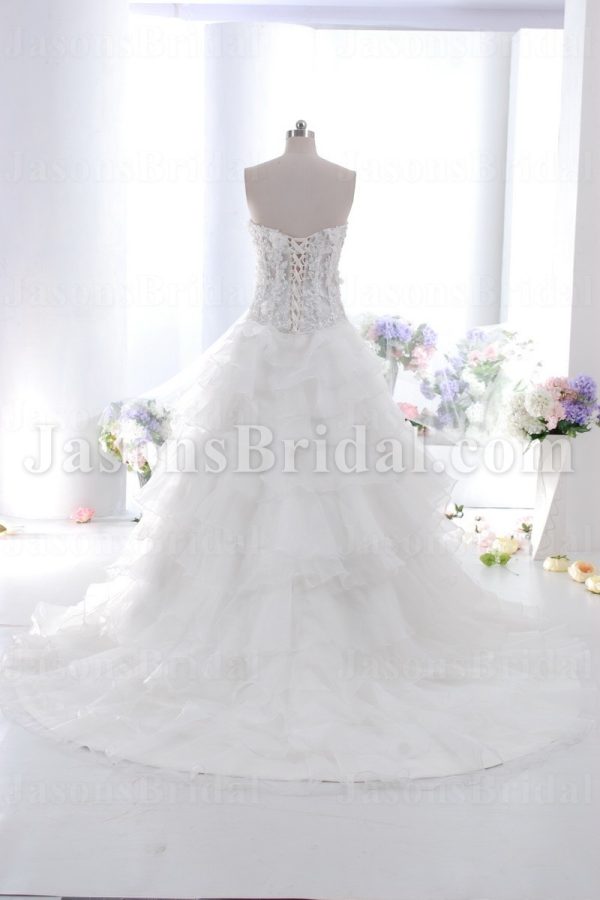 Ball Gown Sweetheart Adorned Flowers Beaded Embroidered Illusion Waist Tiered Layers Chapel Train Organza Wedding Dresses