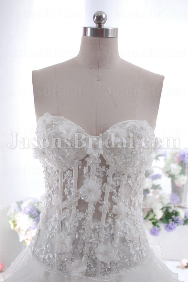 Ball Gown Sweetheart Adorned Flowers Beaded Embroidered Illusion Waist Tiered Layers Chapel Train Organza Wedding Dresses
