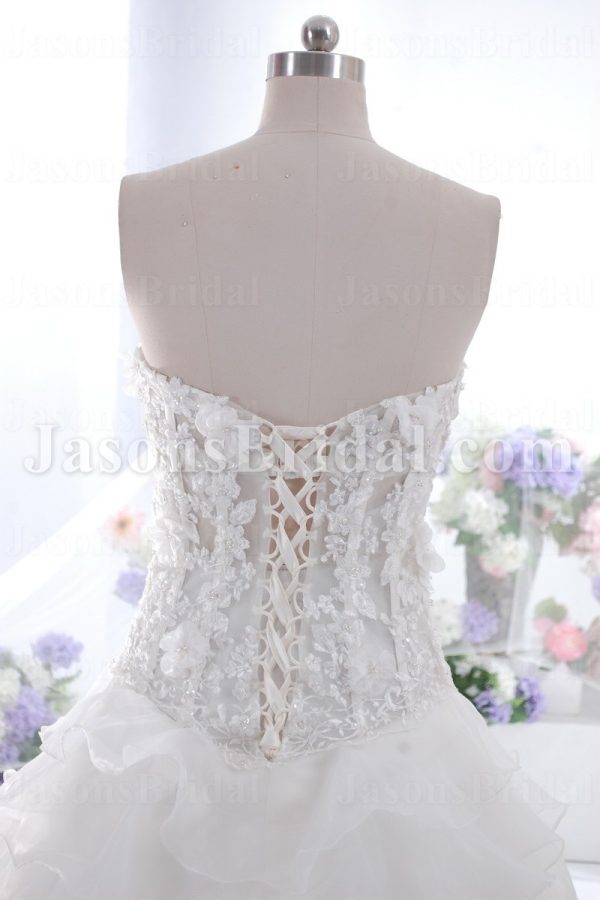 Ball Gown Sweetheart Adorned Flowers Beaded Embroidered Illusion Waist Tiered Layers Chapel Train Organza Wedding Dresses