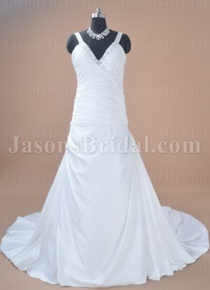 A-line Beaded Straps V-neck Ruched Bodice Asymmetrical Pleated Side Draped Chapel Train Satin Wedding Dresses