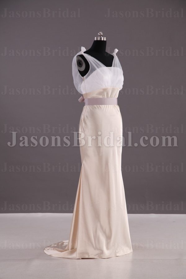 Two-tone Mermaid Illusion Straps Sleeveless Ruched Belt Low Back Sweep Train Satin Wedding Dresses