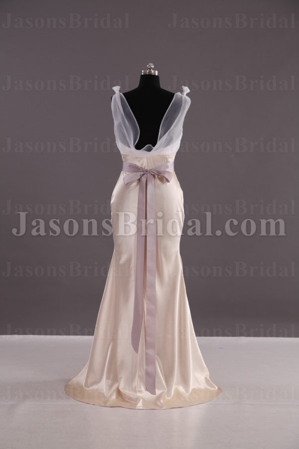 Two-tone Mermaid Illusion Straps Sleeveless Ruched Belt Low Back Sweep Train Satin Wedding Dresses