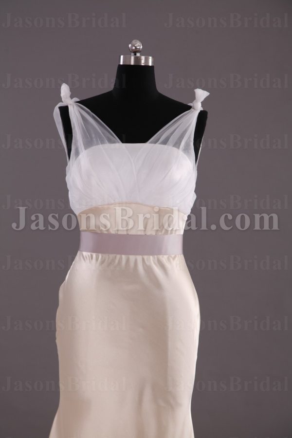 Two-tone Mermaid Illusion Straps Sleeveless Ruched Belt Low Back Sweep Train Satin Wedding Dresses