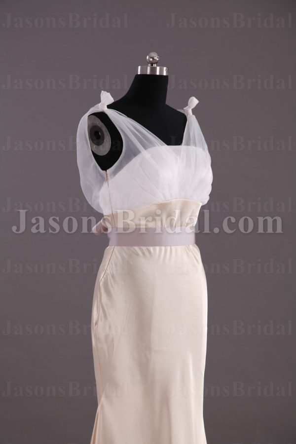 Two-tone Mermaid Illusion Straps Sleeveless Ruched Belt Low Back Sweep Train Satin Wedding Dresses