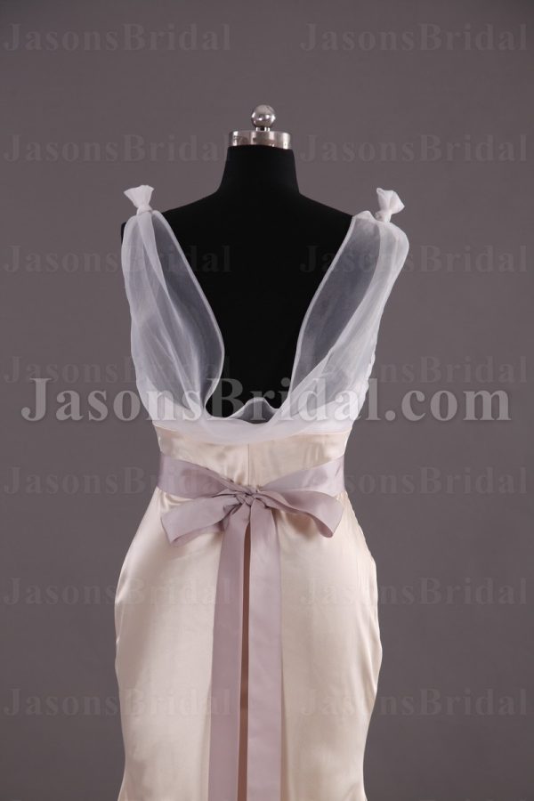 Two-tone Mermaid Illusion Straps Sleeveless Ruched Belt Low Back Sweep Train Satin Wedding Dresses