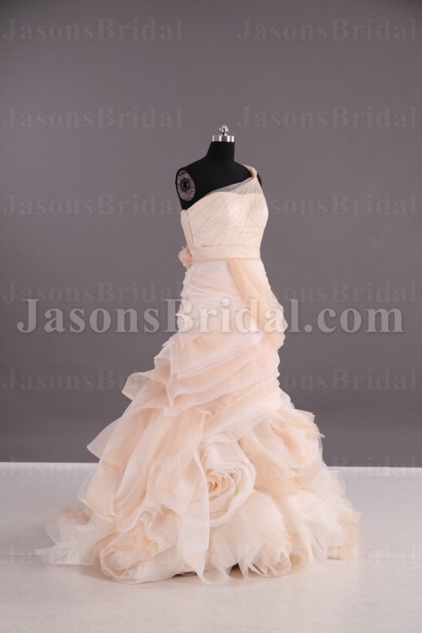 Ball Gown Illusion One-shoulder Ruched Belt Asymmetrical Layers Swirls Chapel Train Organza Wedding Dresses