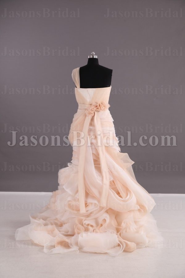 Ball Gown Illusion One-shoulder Ruched Belt Asymmetrical Layers Swirls Chapel Train Organza Wedding Dresses