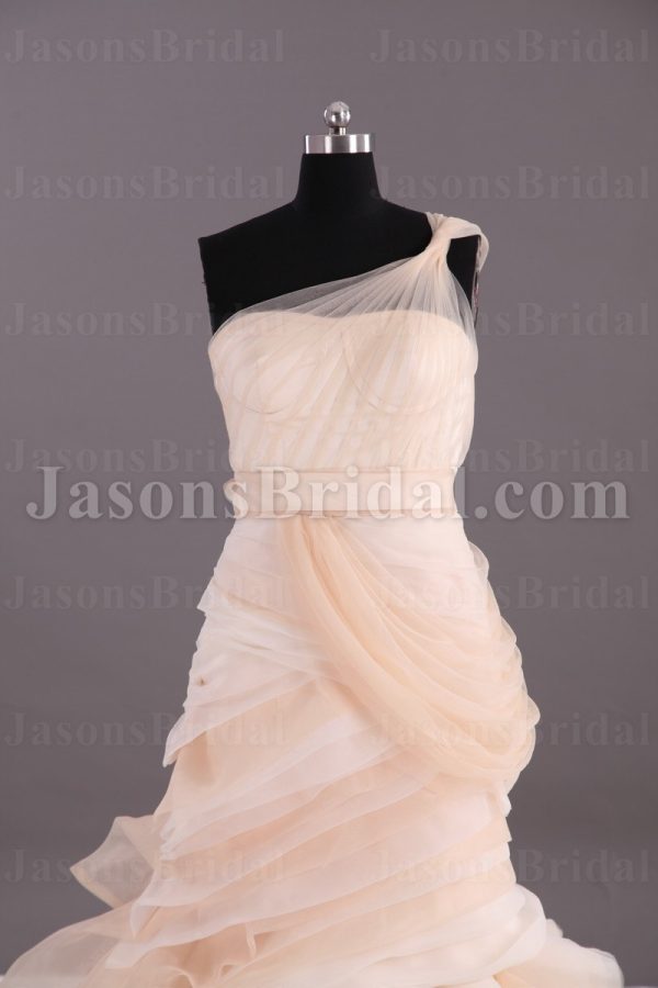 Ball Gown Illusion One-shoulder Ruched Belt Asymmetrical Layers Swirls Chapel Train Organza Wedding Dresses