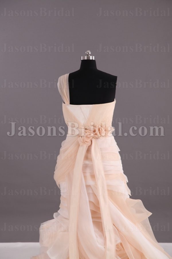 Ball Gown Illusion One-shoulder Ruched Belt Asymmetrical Layers Swirls Chapel Train Organza Wedding Dresses