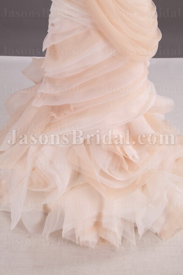 Ball Gown Illusion One-shoulder Ruched Belt Asymmetrical Layers Swirls Chapel Train Organza Wedding Dresses