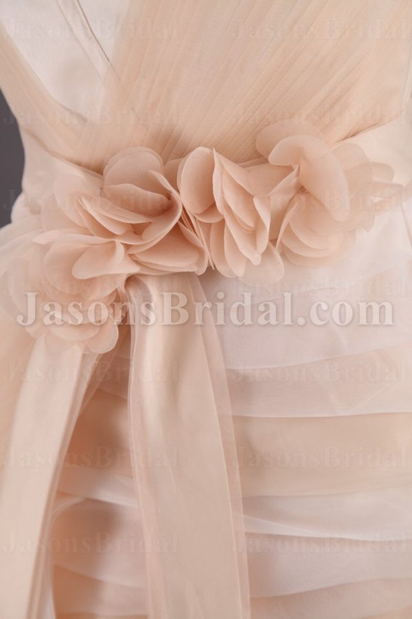 Ball Gown Illusion One-shoulder Ruched Belt Asymmetrical Layers Swirls Chapel Train Organza Wedding Dresses