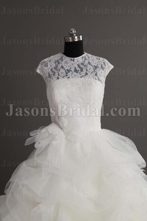 Ball Gown Sleeveless Illusion Lace Bateau Neckline Ruffles Floor Length Tulle Wedding Dresses