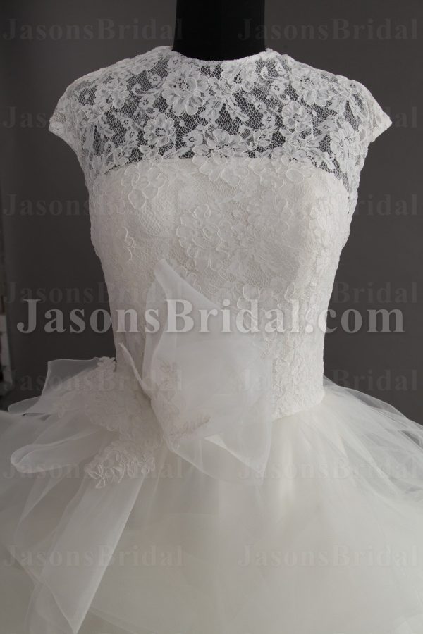 Ball Gown Sleeveless Illusion Lace Bateau Neckline Ruffles Floor Length Tulle Wedding Dresses