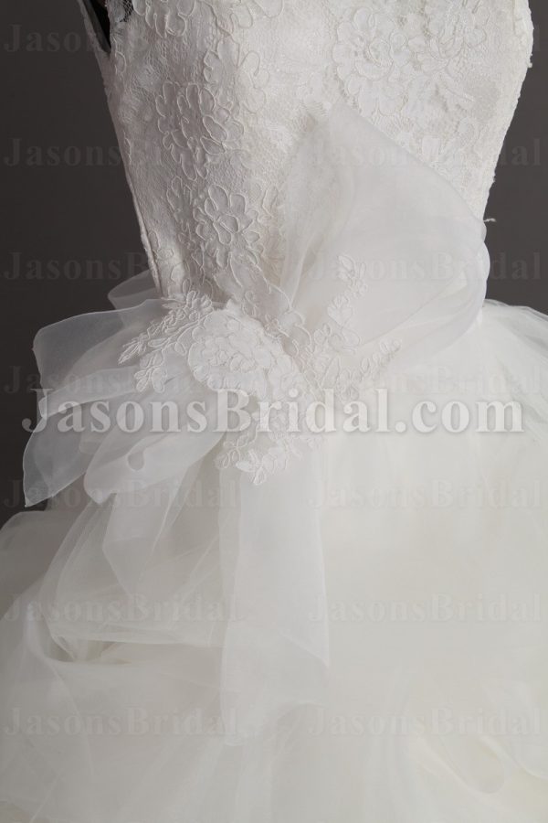 Ball Gown Sleeveless Illusion Lace Bateau Neckline Ruffles Floor Length Tulle Wedding Dresses
