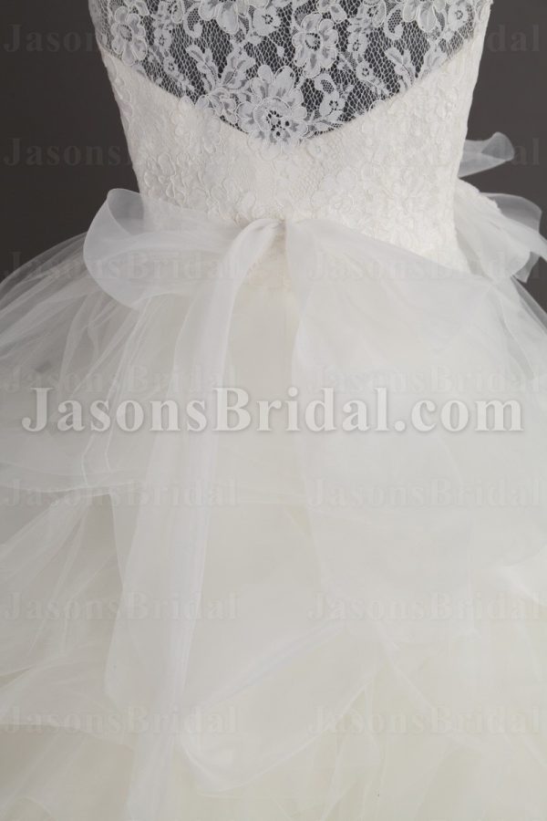 Ball Gown Sleeveless Illusion Lace Bateau Neckline Ruffles Floor Length Tulle Wedding Dresses