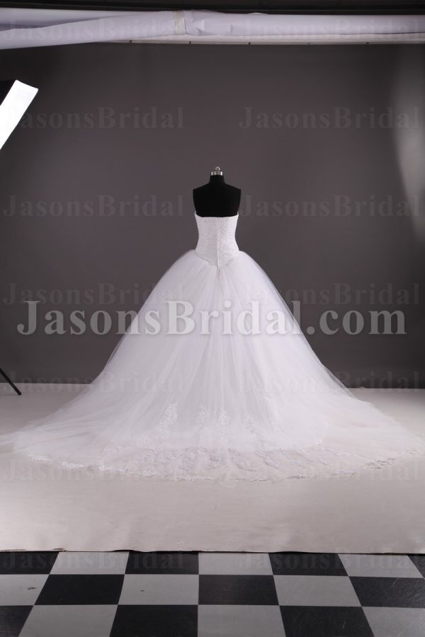 Ball Gown Strapless Beaded Allover Lace Bodice Basque Waist Chapel Train Tulle Wedding Dresses