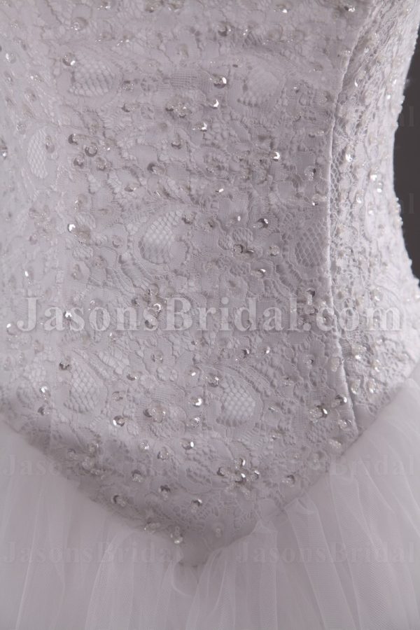 Ball Gown Strapless Beaded Allover Lace Bodice Basque Waist Chapel Train Tulle Wedding Dresses