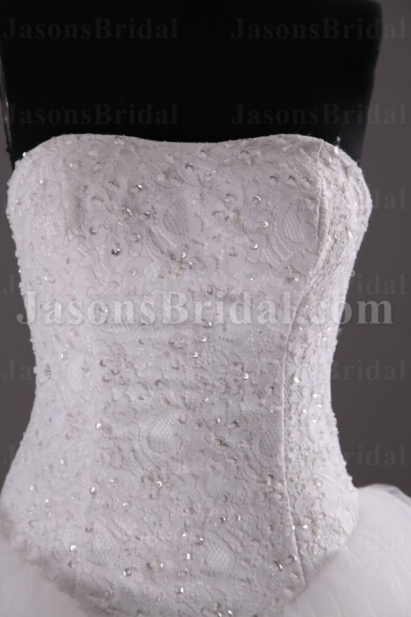 Ball Gown Strapless Beaded Allover Lace Bodice Basque Waist Chapel Train Tulle Wedding Dresses