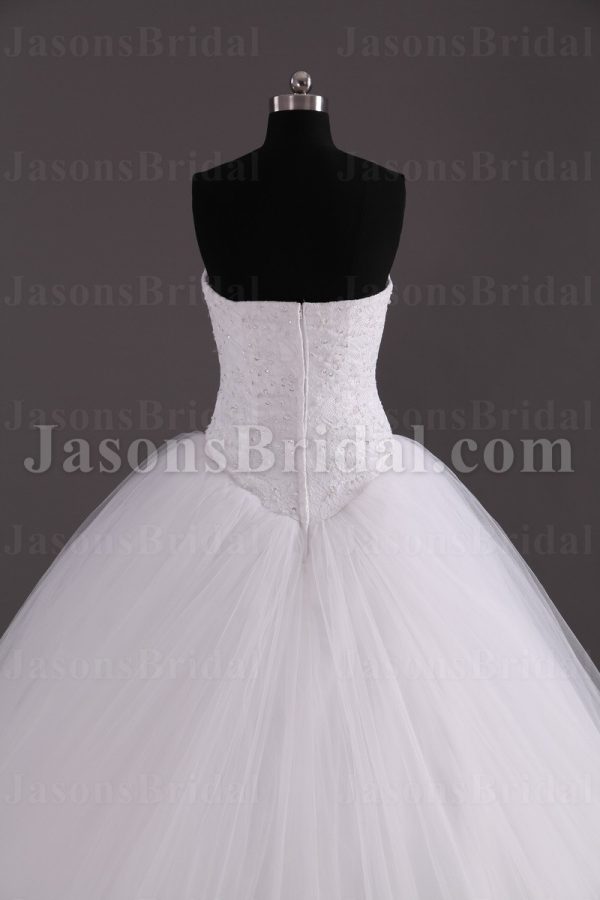Ball Gown Strapless Beaded Allover Lace Bodice Basque Waist Chapel Train Tulle Wedding Dresses
