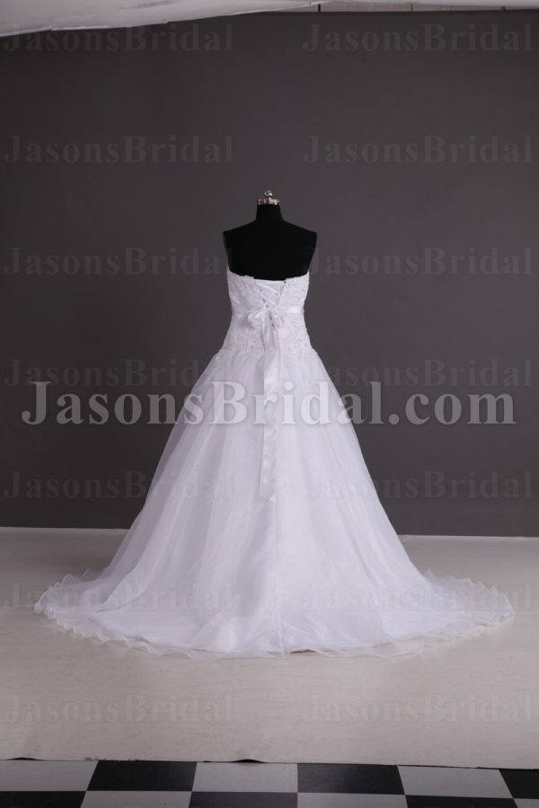 A-line Sweetheart Beaded Appliques Jeweled Ribbon Dropped Sweep Train Organza over Satin Wedding Dresses