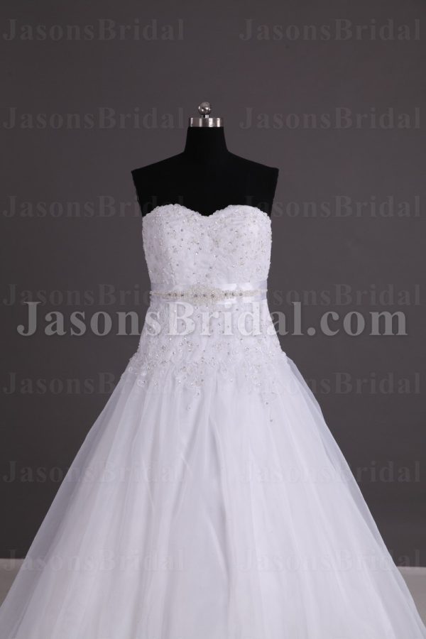 A-line Sweetheart Beaded Appliques Jeweled Ribbon Dropped Sweep Train Organza over Satin Wedding Dresses
