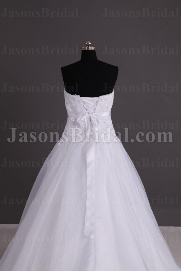 A-line Sweetheart Beaded Appliques Jeweled Ribbon Dropped Sweep Train Organza over Satin Wedding Dresses