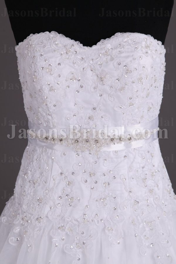 A-line Sweetheart Beaded Appliques Jeweled Ribbon Dropped Sweep Train Organza over Satin Wedding Dresses