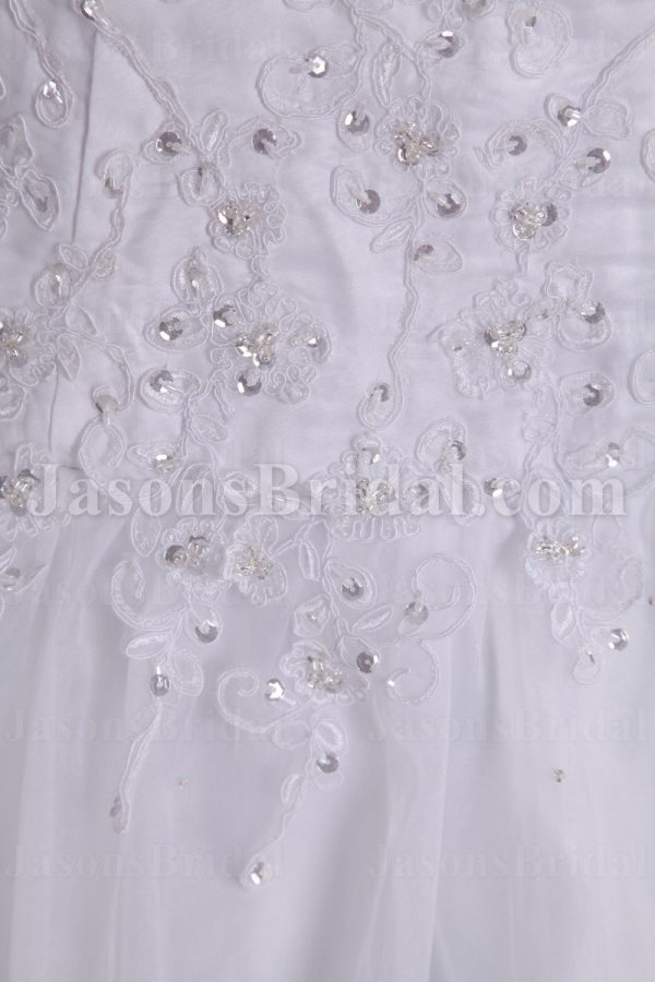 A-line Sweetheart Beaded Appliques Jeweled Ribbon Dropped Sweep Train Organza over Satin Wedding Dresses